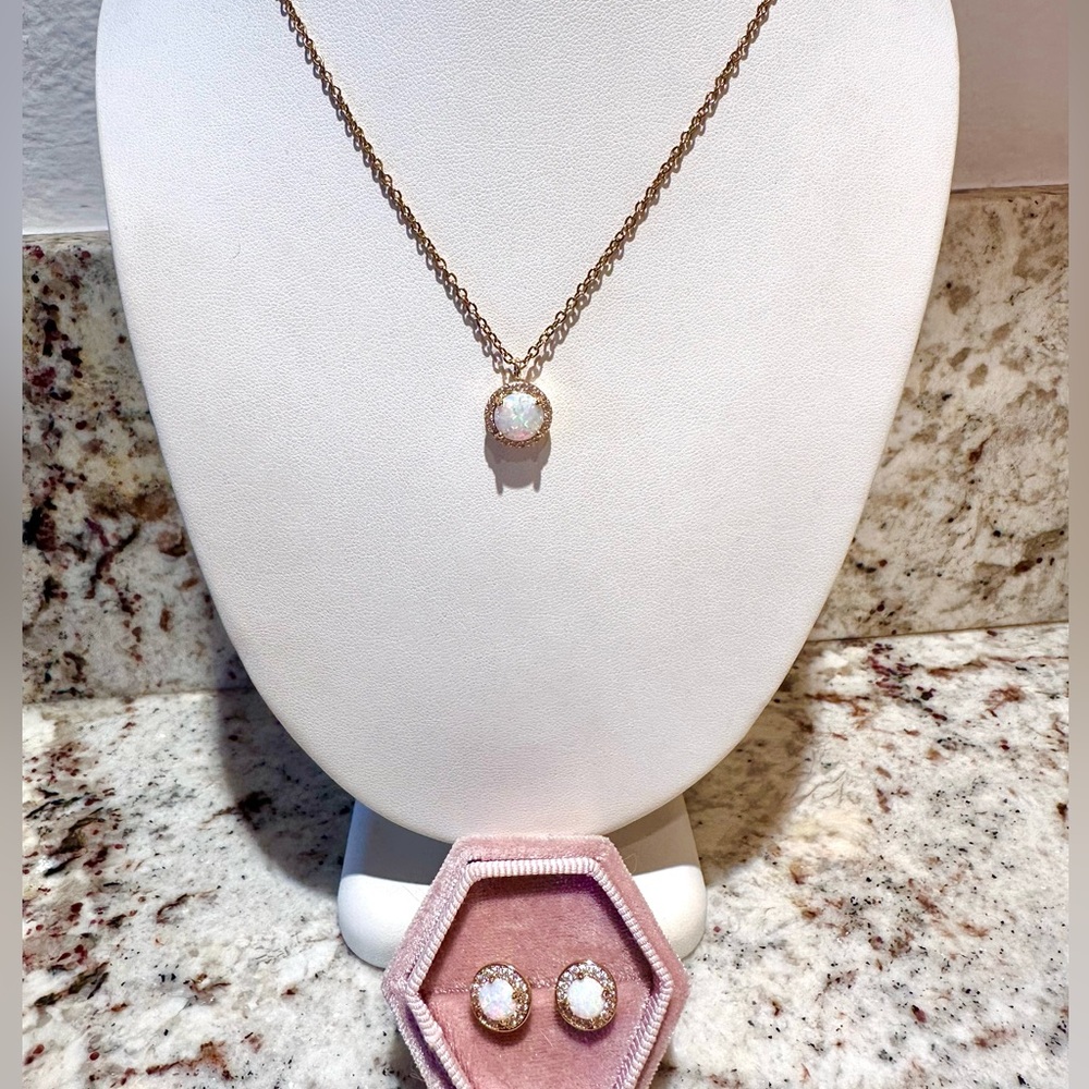 Gold Opal CZ Necklace & Earrings Set